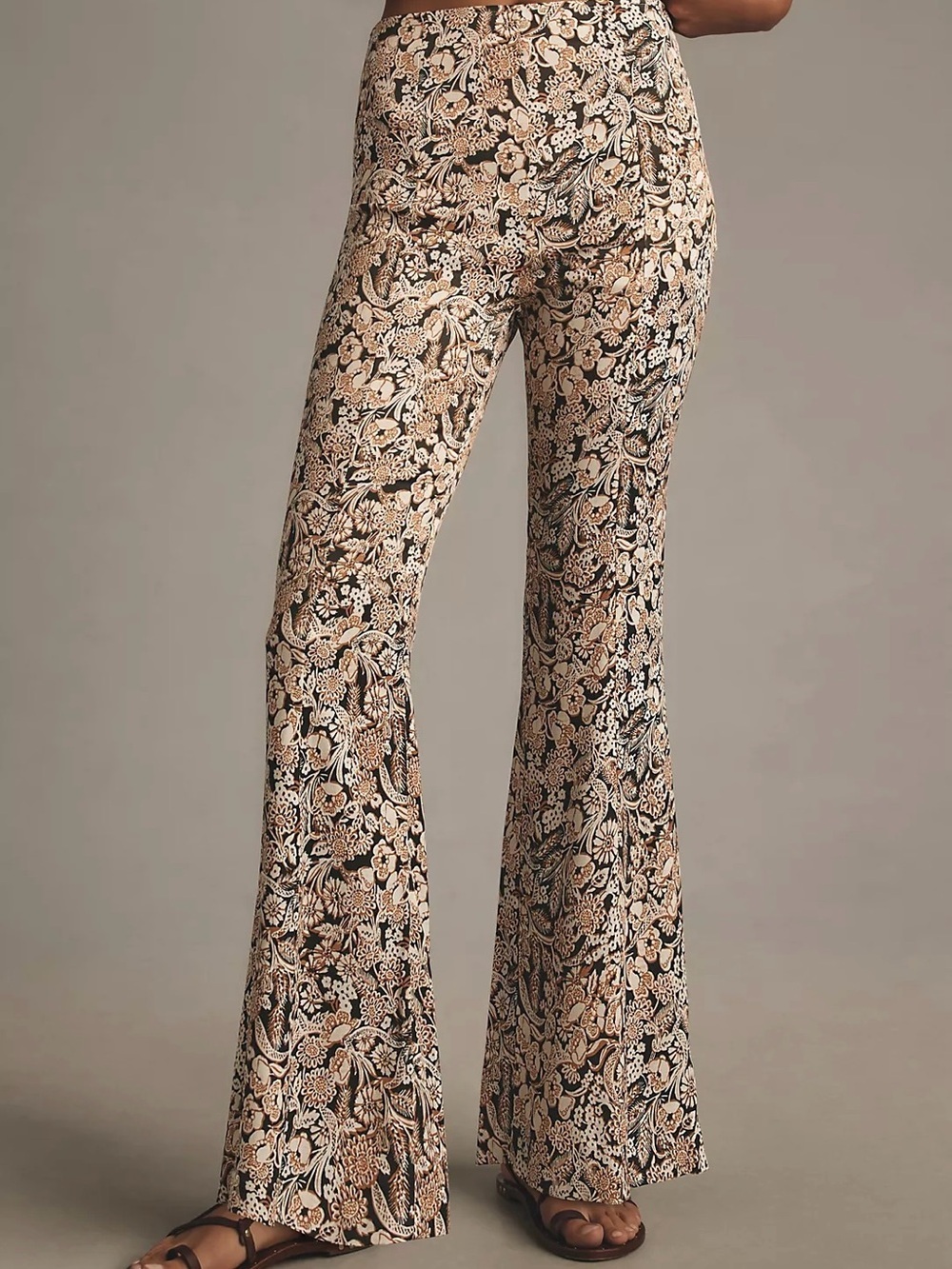 Anthropologie Floral Satin Flare Pants Retro Boho Size 2 Black Brown Cream - Picture 2 of 12